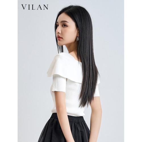 vilan/慧蘭針織衫女2025夏季新款通勤顯瘦方領短袖打底衫上衣