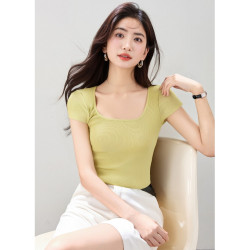 拉夏貝爾 方領設計感露鎖骨修身針織衫女薄款短袖套頭內搭打底衫