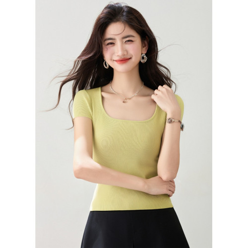 拉夏貝爾 方領設計感露鎖骨修身針織衫女薄款短袖套頭內搭打底衫