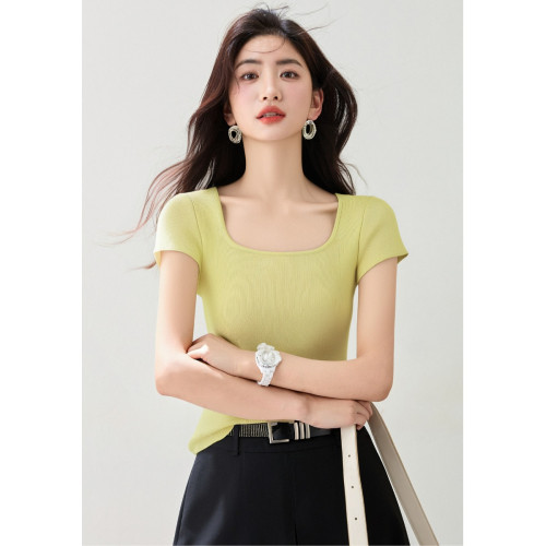 拉夏貝爾 方領設計感露鎖骨修身針織衫女薄款短袖套頭內搭打底衫