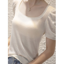 女士打底衫100%羊毛泡泡袖短袖針織衫修身顯瘦方領上衣氣質顯白