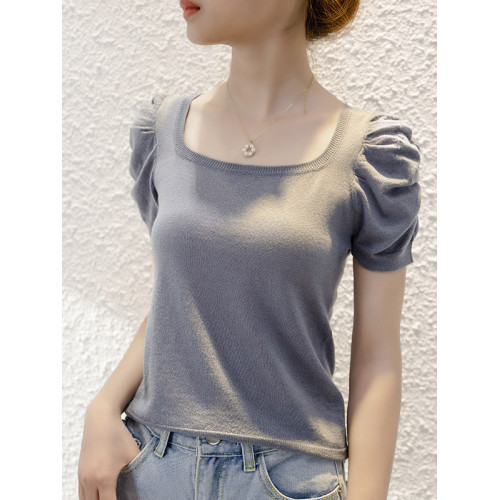 女士打底衫100%羊毛泡泡袖短袖針織衫修身顯瘦方領上衣氣質顯白