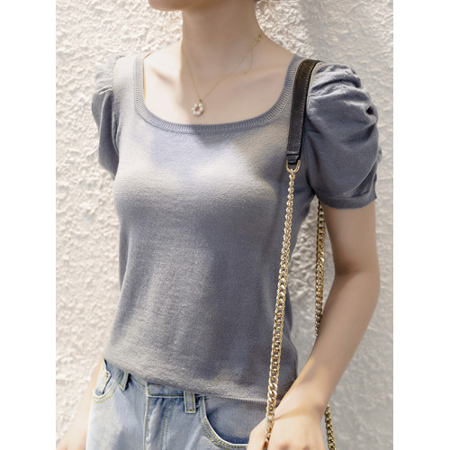 女士打底衫100%羊毛泡泡袖短袖針織衫修身顯瘦方領上衣氣質顯白