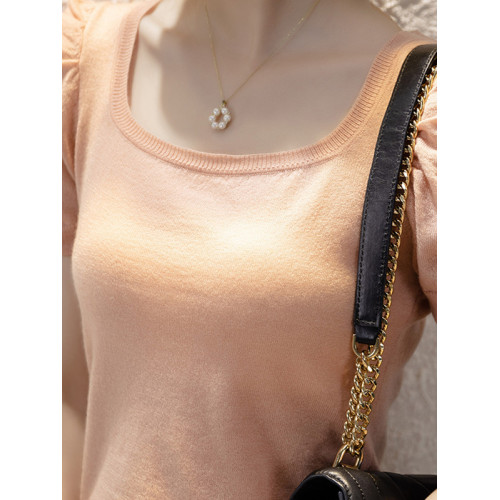 女士打底衫100%羊毛泡泡袖短袖針織衫修身顯瘦方領上衣氣質顯白