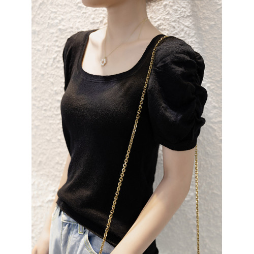 女士打底衫100%羊毛泡泡袖短袖針織衫修身顯瘦方領上衣氣質顯白