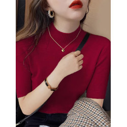 半高領針織衫女2025春秋新款洋氣彈力修身上衣墨綠色五分袖打底衫