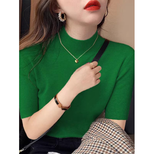 半高領針織衫女2025春秋新款洋氣彈力修身上衣墨綠色五分袖打底衫