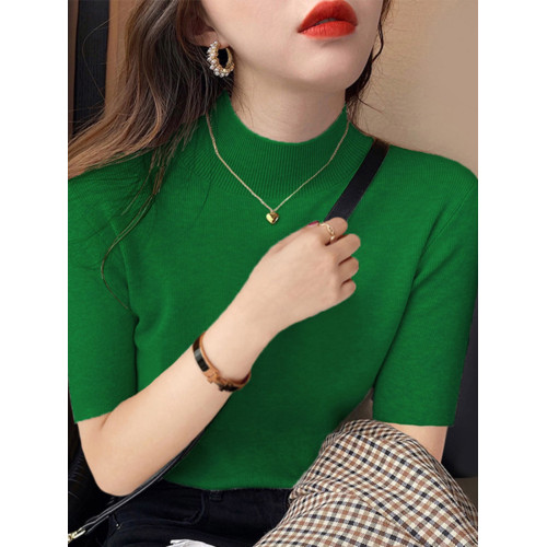 半高領針織衫女2025春秋新款洋氣彈力修身上衣墨綠色五分袖打底衫