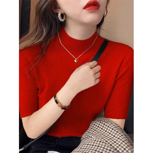 半高領針織衫女2025春秋新款洋氣彈力修身上衣墨綠色五分袖打底衫