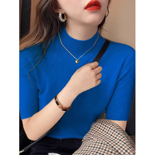 半高領針織衫女2025春秋新款洋氣彈力修身上衣墨綠色五分袖打底衫