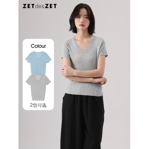 ZETdesZET/己也 2025春夏新款雙層領針織衫純色圓領打底衫女