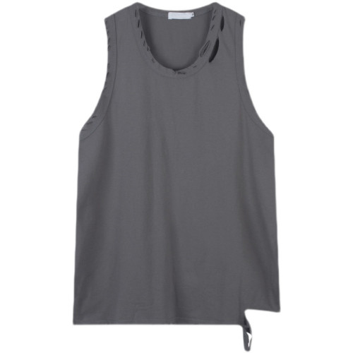 夏做舊破洞無袖背心男潮牌運動健身衣服純棉純色寬松訓練擼鐵坎肩