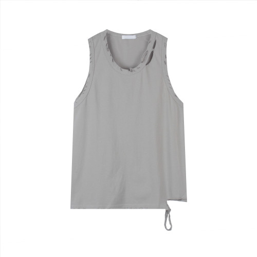 夏做舊破洞無袖背心男潮牌運動健身衣服純棉純色寬松訓練擼鐵坎肩