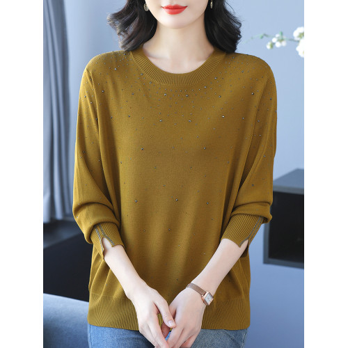 加肥加大碼冰絲針織衫長袖上衣女春秋媽媽裝寬松顯瘦桑蠶絲打底衫