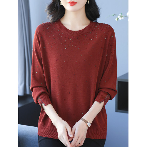 加肥加大碼冰絲針織衫長袖上衣女春秋媽媽裝寬松顯瘦桑蠶絲打底衫