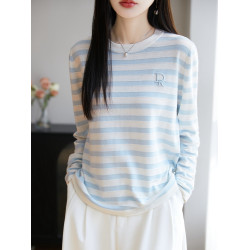 圓領桑蠶絲條紋針織打底衫女寬松撞色精紡羊毛長袖上衣減齡內搭薄