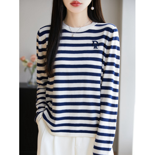 圓領桑蠶絲條紋針織打底衫女寬松撞色精紡羊毛長袖上衣減齡內搭薄