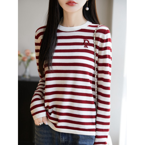 圓領桑蠶絲條紋針織打底衫女寬松撞色精紡羊毛長袖上衣減齡內搭薄