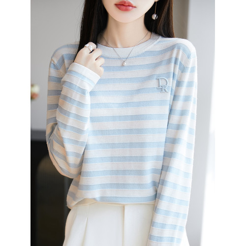 圓領桑蠶絲條紋針織打底衫女寬松撞色精紡羊毛長袖上衣減齡內搭薄