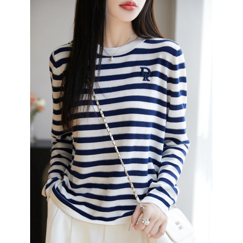 圓領桑蠶絲條紋針織打底衫女寬松撞色精紡羊毛長袖上衣減齡內搭薄