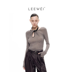 CNLEEWEI  秋季新款高級羊毛線個性可拆卸皮帶搭配扭結針織打底衫