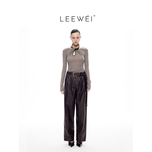 CNLEEWEI  秋季新款高級羊毛線個性可拆卸皮帶搭配扭結針織打底衫