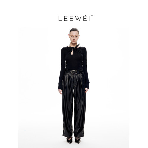 CNLEEWEI  秋季新款高級羊毛線個性可拆卸皮帶搭配扭結針織打底衫