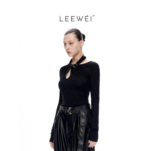 CNLEEWEI  秋季新款高級羊毛線個性可拆卸皮帶搭配扭結針織打底衫