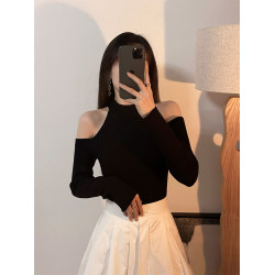 黑色掛脖露肩上衣女百搭辣妹長袖顯瘦打底衫設計感小衆毛衣針織衫