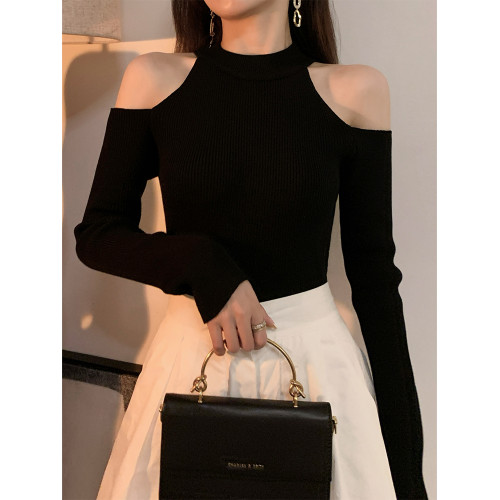 黑色掛脖露肩上衣女百搭辣妹長袖顯瘦打底衫設計感小衆毛衣針織衫