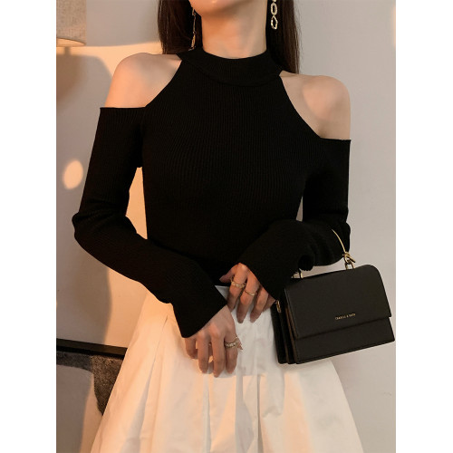 黑色掛脖露肩上衣女百搭辣妹長袖顯瘦打底衫設計感小衆毛衣針織衫