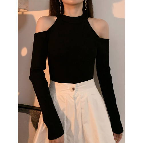 黑色掛脖露肩上衣女百搭辣妹長袖顯瘦打底衫設計感小衆毛衣針織衫