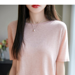 新款精紡羊毛卷邊短袖背心女圓領一字領五分袖針織打底衫薄款上衣