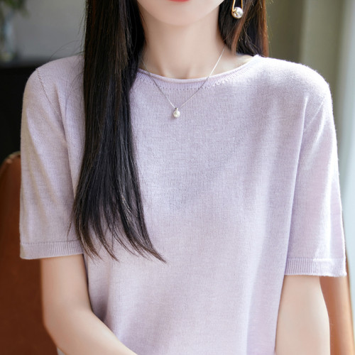 新款精紡羊毛卷邊短袖背心女圓領一字領五分袖針織打底衫薄款上衣