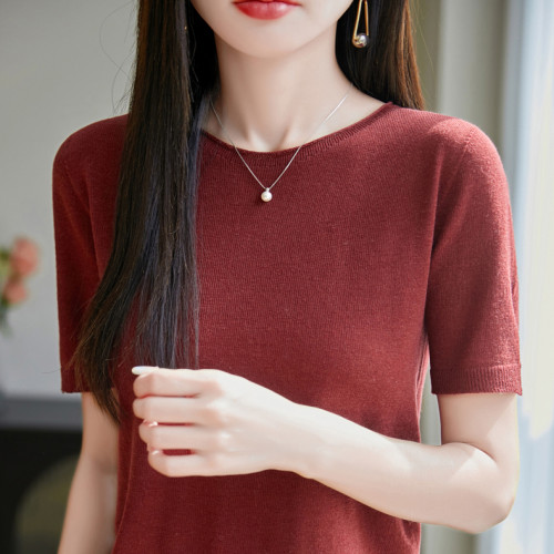 新款精紡羊毛卷邊短袖背心女圓領一字領五分袖針織打底衫薄款上衣