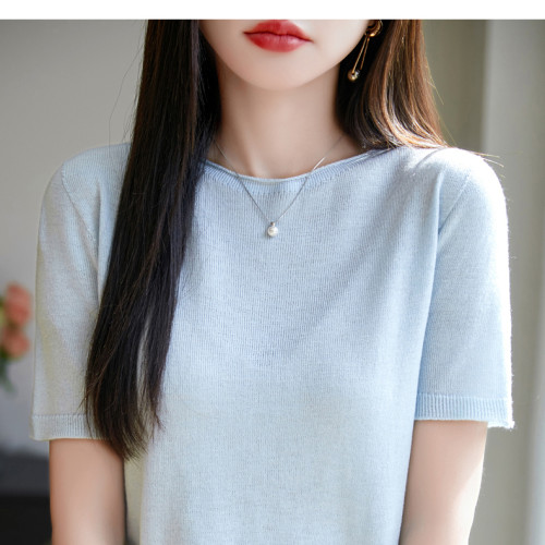 新款精紡羊毛卷邊短袖背心女圓領一字領五分袖針織打底衫薄款上衣