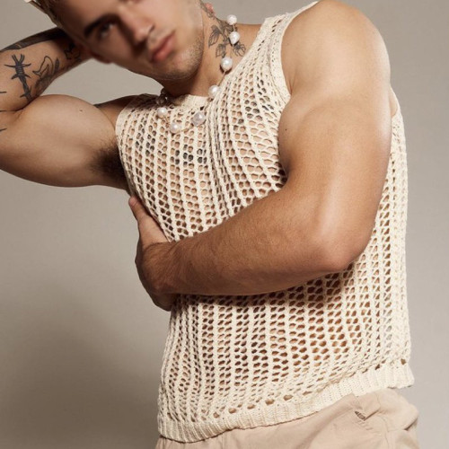 歐美春夏季新款性感男士背心寬松百搭個性休閒鏤空背心男