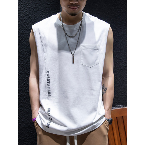 白色拼接無袖t恤背心男夏季寬松潮牌大碼坎肩短袖男生口袋半袖潮