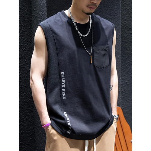 白色拼接無袖t恤背心男夏季寬松潮牌大碼坎肩短袖男生口袋半袖潮