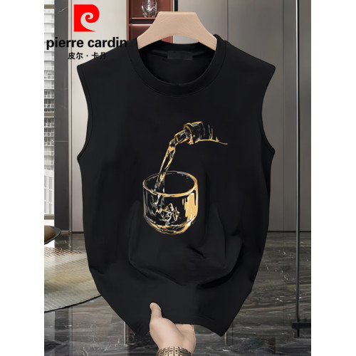 皮爾卡丹純棉無袖男士坎肩T恤2025夏季新款休閒運動舒適圓領背心
