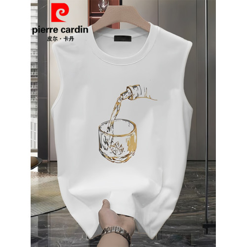 皮爾卡丹純棉無袖男士坎肩T恤2025夏季新款休閒運動舒適圓領背心