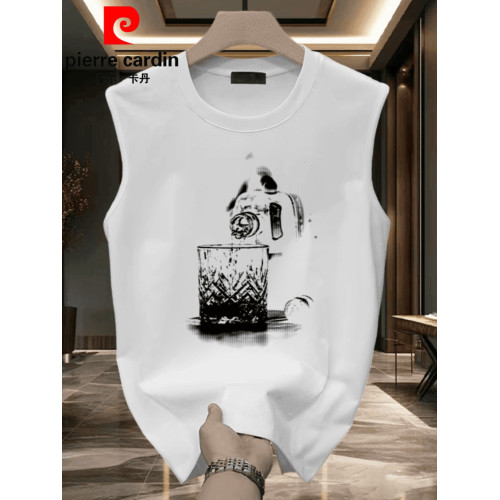 皮爾卡丹純棉無袖男士坎肩T恤2025夏季新款休閒運動舒適圓領背心