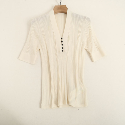 原單 55%桑蠶絲45%綿羊毛混紡彈力坑條針織打底衫V領純色短袖