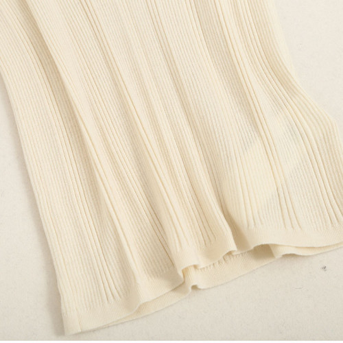 原單 55%桑蠶絲45%綿羊毛混紡彈力坑條針織打底衫V領純色短袖