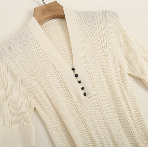 原單 55%桑蠶絲45%綿羊毛混紡彈力坑條針織打底衫V領純色短袖