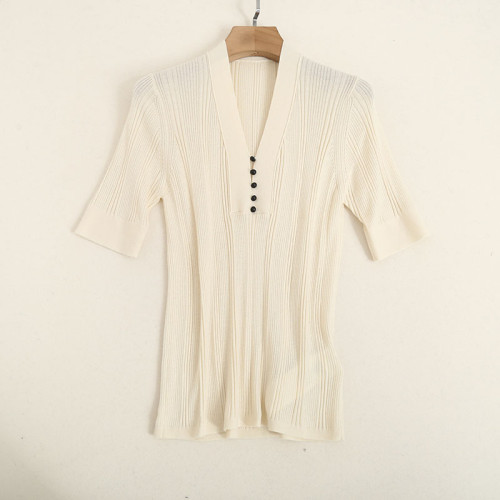 原單 55%桑蠶絲45%綿羊毛混紡彈力坑條針織打底衫V領純色短袖