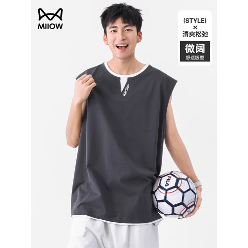 貓人潮牌假兩件設計感曡穿背心男士夏季新款運動無袖T恤休閒百搭