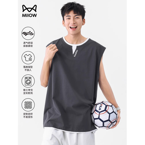 貓人潮牌假兩件設計感曡穿背心男士夏季新款運動無袖T恤休閒百搭