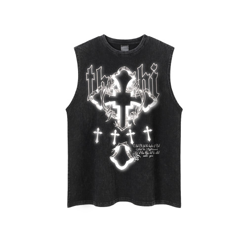 別致的少年美式高街潮牌痞帥風寬松坎肩背心男款夏季復古無袖t恤