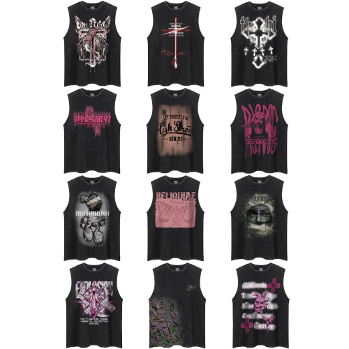 別致的少年美式高街潮牌痞帥風寬松坎肩背心男款夏季復古無袖t恤